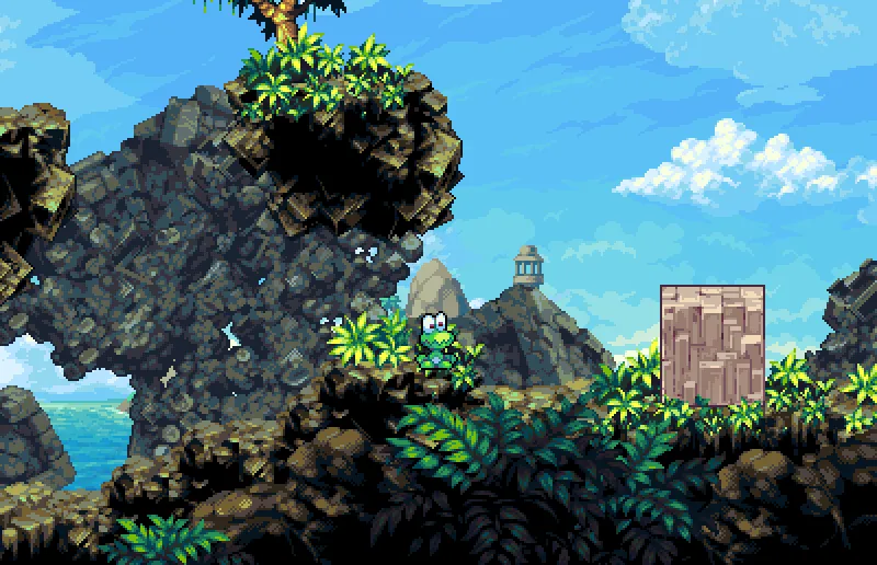 Cena do jogo Frogatto: uma rã verde num mundo de pedra e folhagem sob um céu azul.