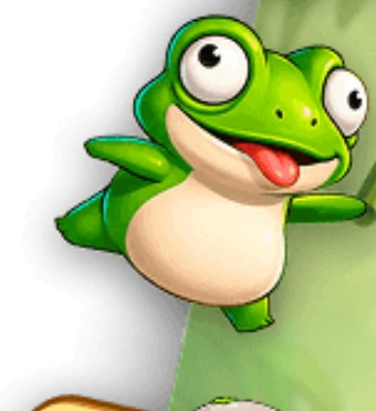 A rã do jogo, verde e de barriga clara, a olhar de frente.